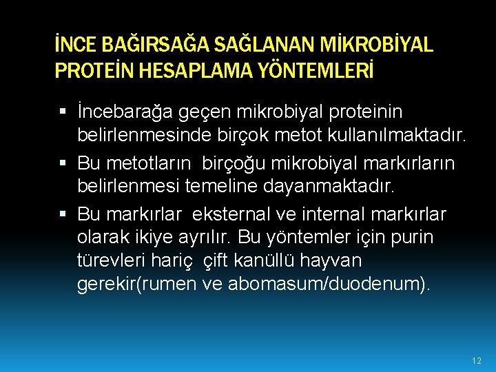 İNCE BAĞIRSAĞA SAĞLANAN MİKROBİYAL PROTEİN HESAPLAMA YÖNTEMLERİ İncebarağa geçen mikrobiyal proteinin belirlenmesinde birçok metot