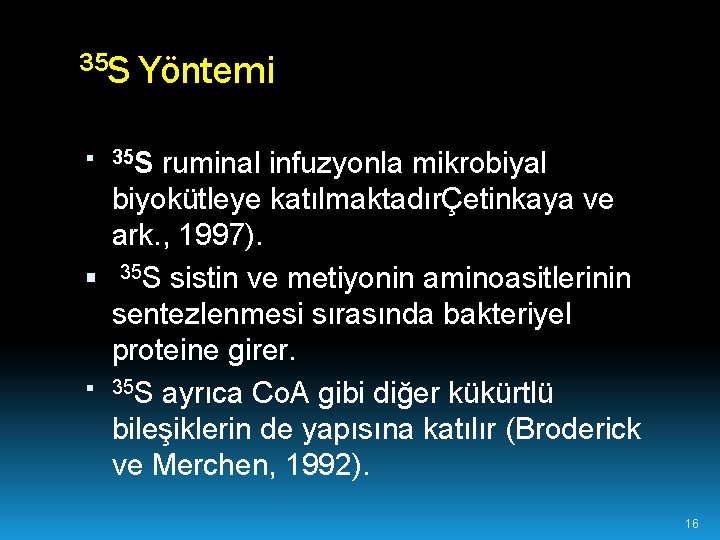 35 S Yöntemi 35 S ruminal infuzyonla mikrobiyal biyokütleye katılmaktadırÇetinkaya ve ark. , 1997).