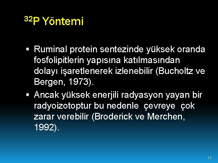 32 P Yöntemi Ruminal protein sentezinde yüksek oranda fosfolipitlerin yapısına katılmasından dolayı işaretlenerek izlenebilir