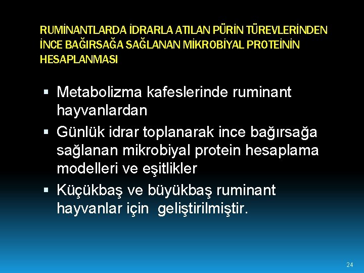 RUMİNANTLARDA İDRARLA ATILAN PÜRİN TÜREVLERİNDEN İNCE BAĞIRSAĞA SAĞLANAN MİKROBİYAL PROTEİNİN HESAPLANMASI Metabolizma kafeslerinde ruminant