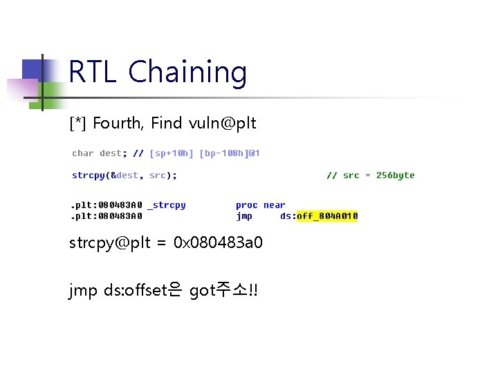 RTL Chaining [*] Fourth, Find vuln@plt strcpy@plt = 0 x 080483 a 0 jmp