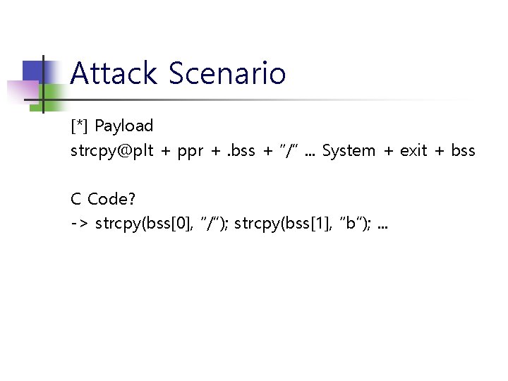 Attack Scenario [*] Payload strcpy@plt + ppr +. bss + “/”. . . System