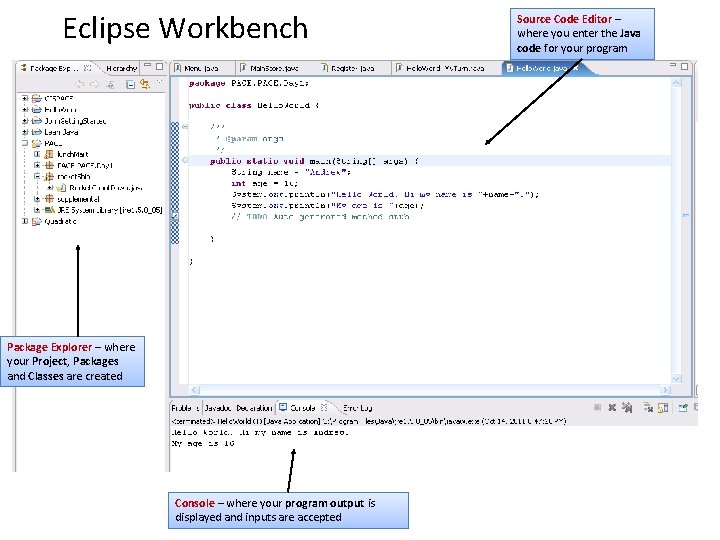 Eclipse Workbench Package Explorer – where your Project, Packages and Classes are created Console