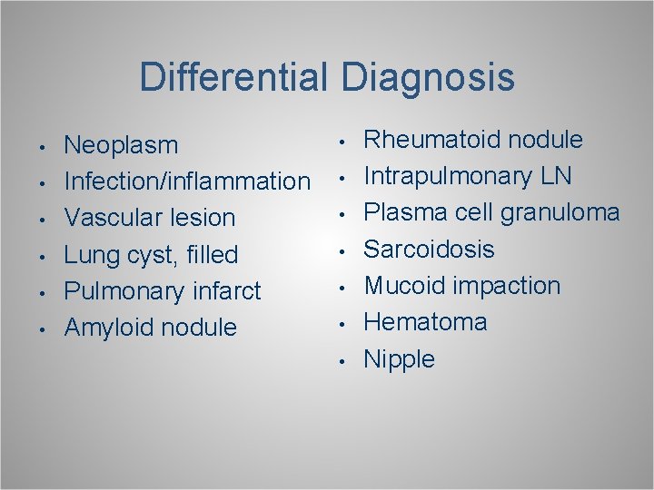 Differential Diagnosis • • • Neoplasm Infection/inflammation Vascular lesion Lung cyst, filled Pulmonary infarct