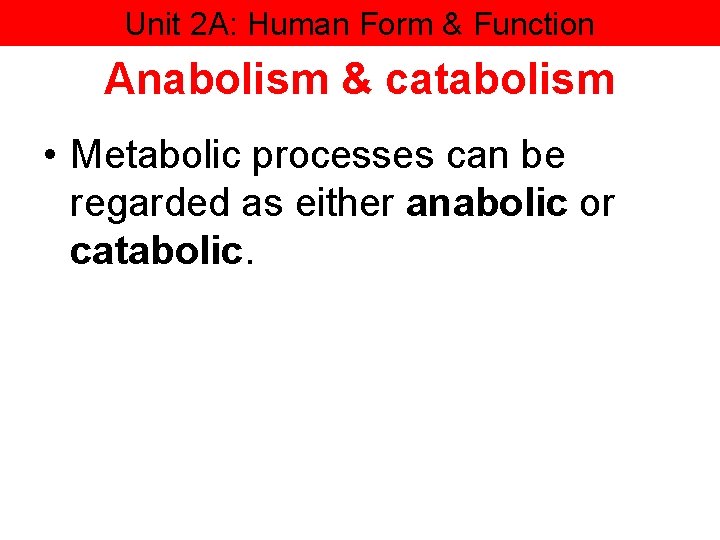 Unit 2 A: Human Form & Function Anabolism & catabolism • Metabolic processes can