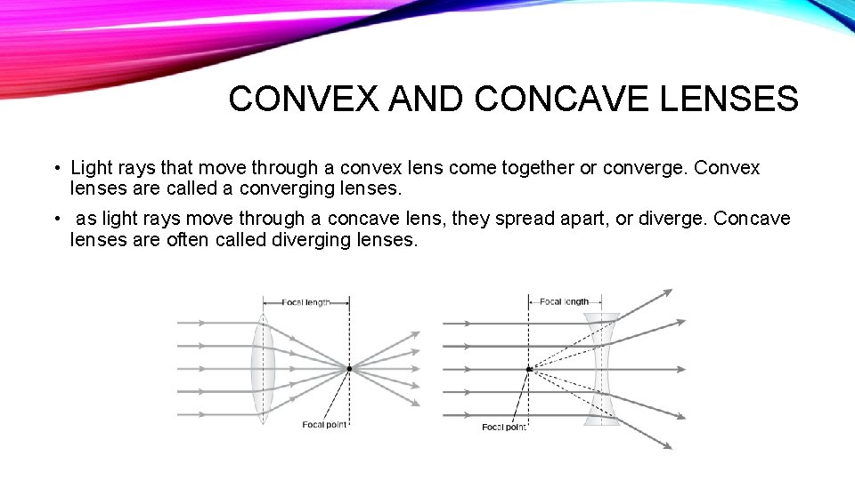 CONVEX AND CONCAVE LENSES • Light rays that move through a convex lens come
