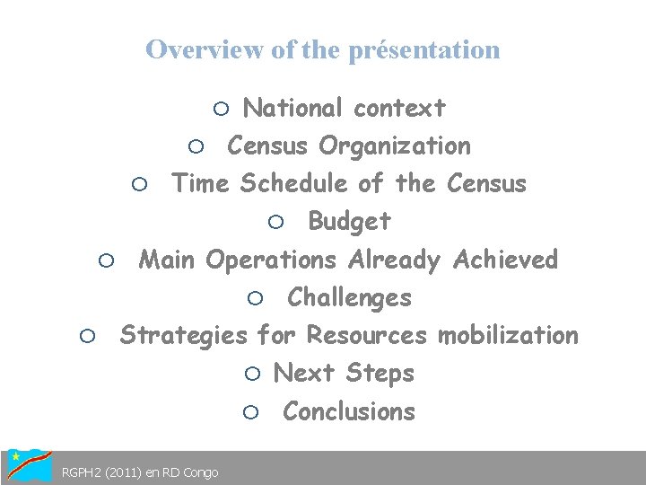 Overview of the présentation o o o National context Census Organization Time Schedule of