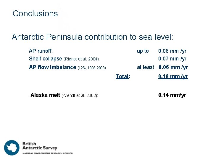 Conclusions Antarctic Peninsula contribution to sea level: AP runoff: Shelf collapse (Rignot et al.