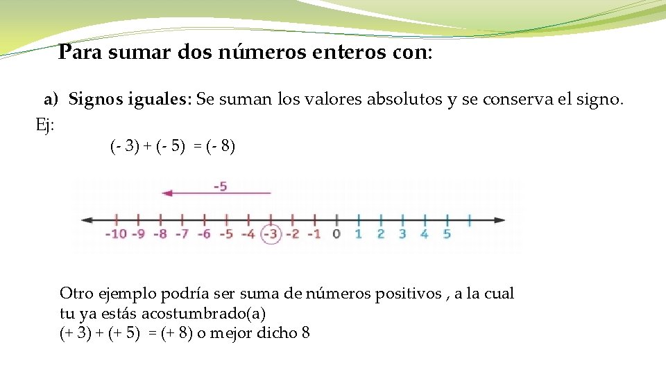 Para sumar dos números enteros con: a) Signos iguales: Se suman los valores absolutos