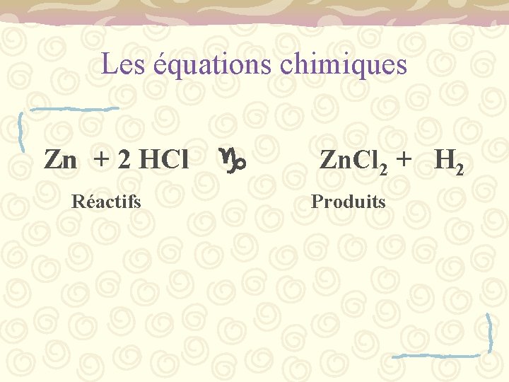 Les équations chimiques Zn + 2 HCl Réactifs Zn. Cl 2 + H 2