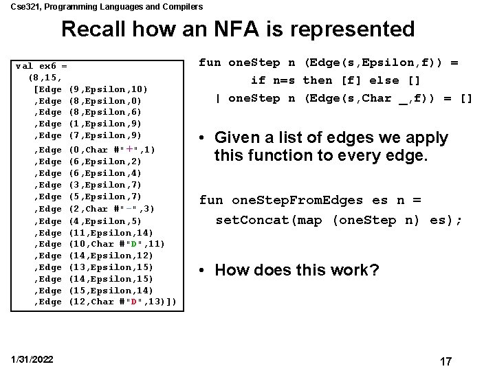 Cse 321, Programming Languages and Compilers Recall how an NFA is represented val ex