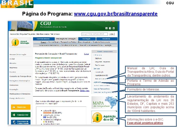 CGU Página do Programa: www. cgu. gov. br/brasiltransparente Manual da LAI; Guia de Transparência