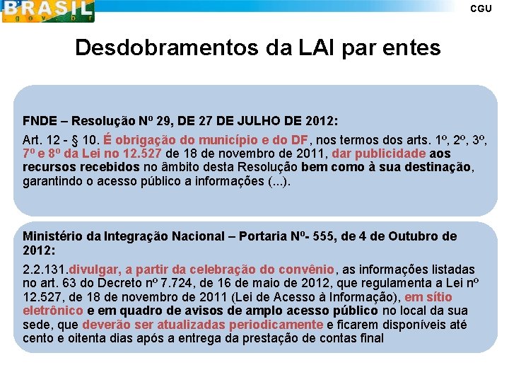 CGU Desdobramentos da LAI par entes FNDE – Resolução Nº 29, DE 27 DE