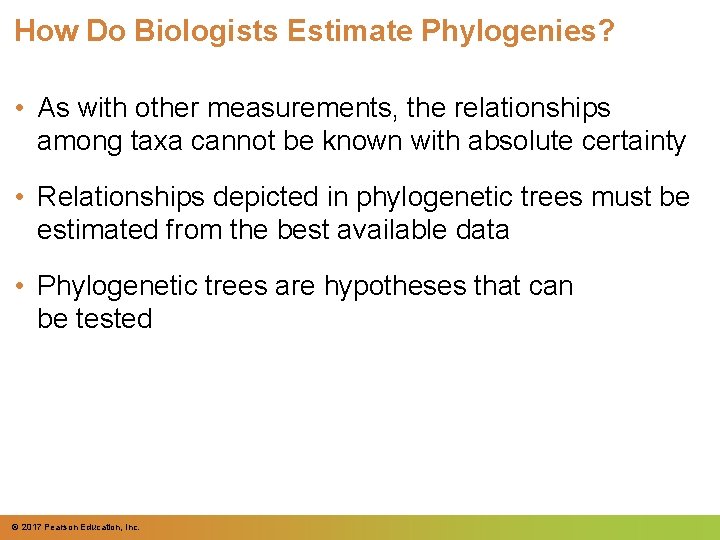 How Do Biologists Estimate Phylogenies? • As with other measurements, the relationships among taxa