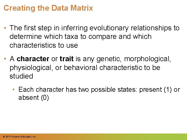 Creating the Data Matrix • The first step in inferring evolutionary relationships to determine