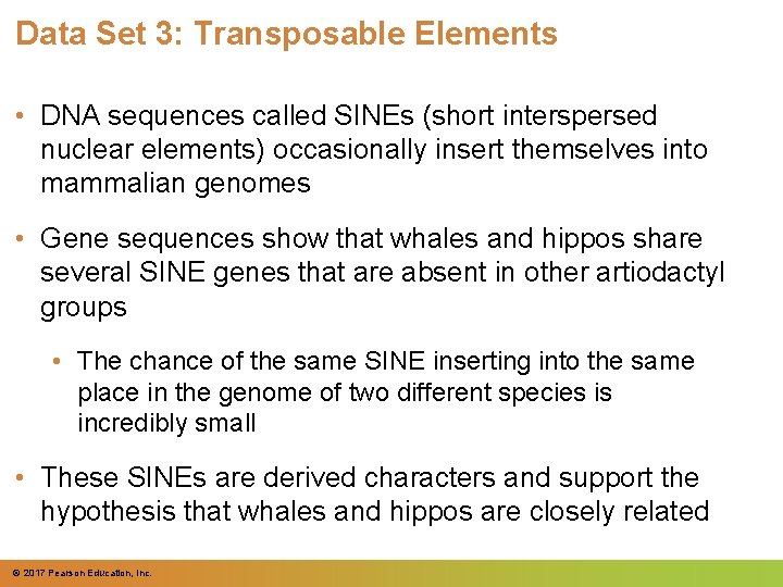 Data Set 3: Transposable Elements • DNA sequences called SINEs (short interspersed nuclear elements)