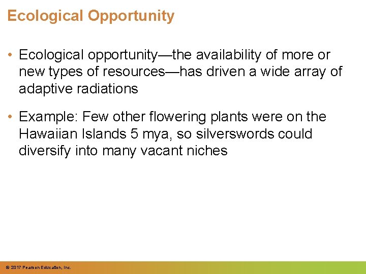 Ecological Opportunity • Ecological opportunity—the availability of more or new types of resources—has driven