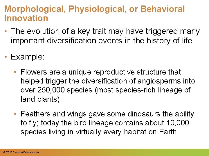 Morphological, Physiological, or Behavioral Innovation • The evolution of a key trait may have