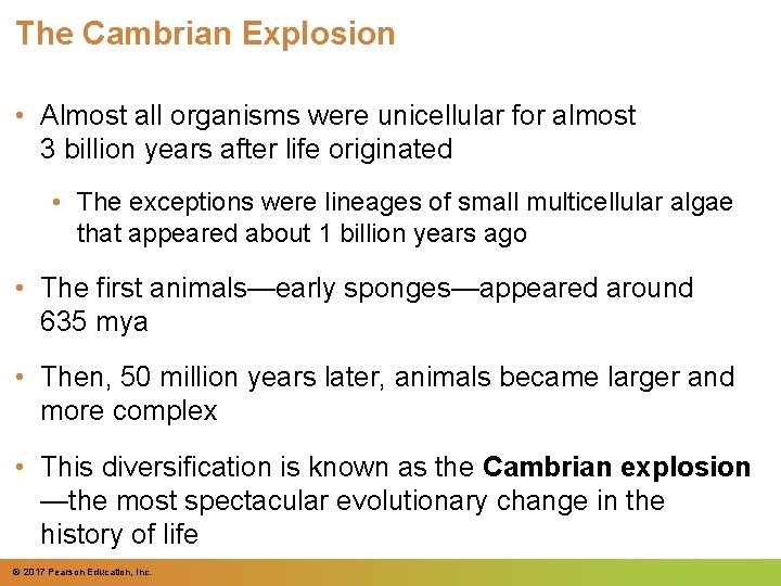 The Cambrian Explosion • Almost all organisms were unicellular for almost 3 billion years