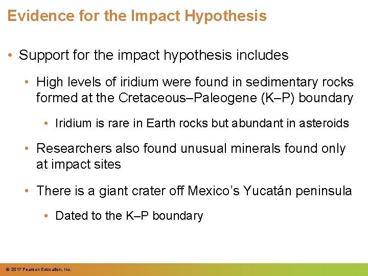 Evidence for the Impact Hypothesis • Support for the impact hypothesis includes • High