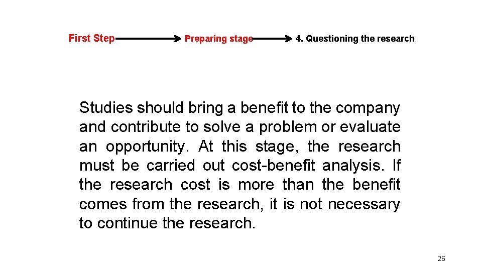 First Step Preparing stage 4. Questioning the research Studies should bring a benefit to