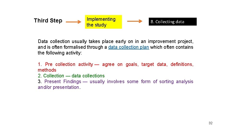 Third Step Implementing the study 8. Collecting data Data collection usually takes place early