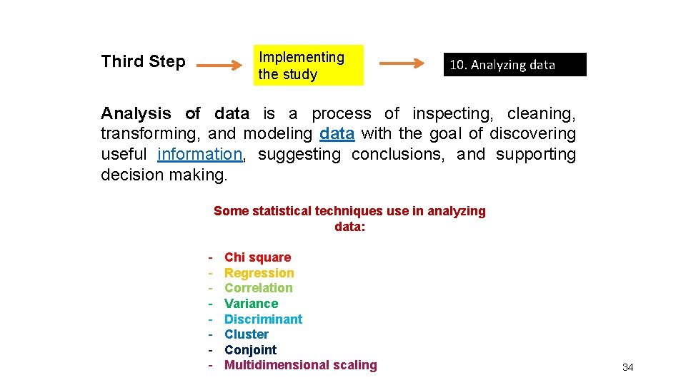 Implementing the study Third Step 10. Analyzing data Analysis of data is a process