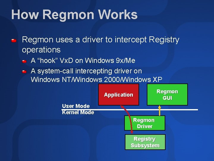 How Regmon Works Regmon uses a driver to intercept Registry operations A “hook” Vx.