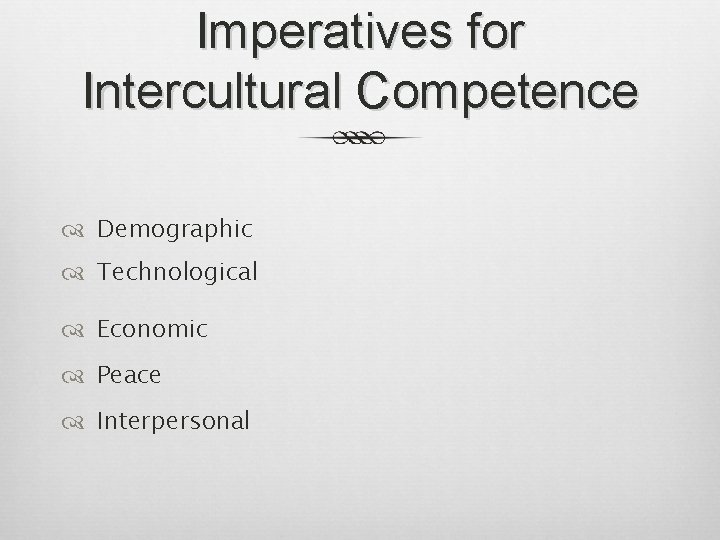 Imperatives for Intercultural Competence Demographic Technological Economic Peace Interpersonal 