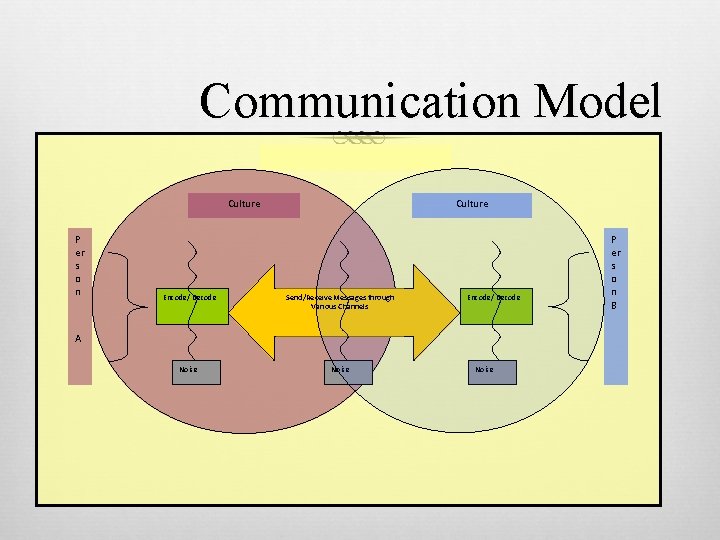 Communication Model Culture P er s o n Culture Encode/ Decode Send/Receive Messages through