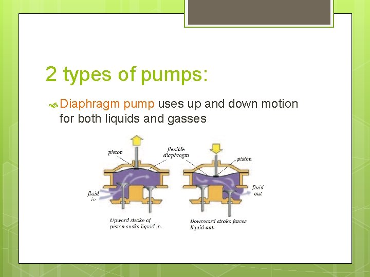 2 types of pumps: Diaphragm pump uses up and down motion for both liquids