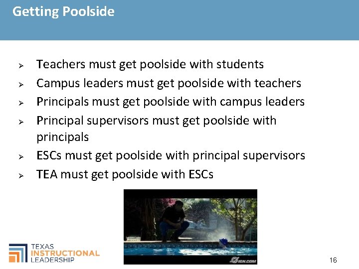 Getting Poolside Ø Ø Ø Teachers must get poolside with students Campus leaders must