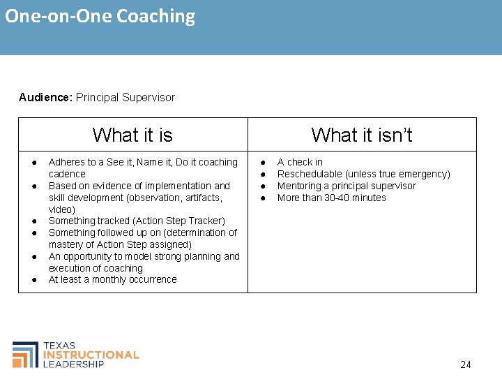 One-on-One Coaching Audience: Principal Supervisor What it is ● ● ● Adheres to a