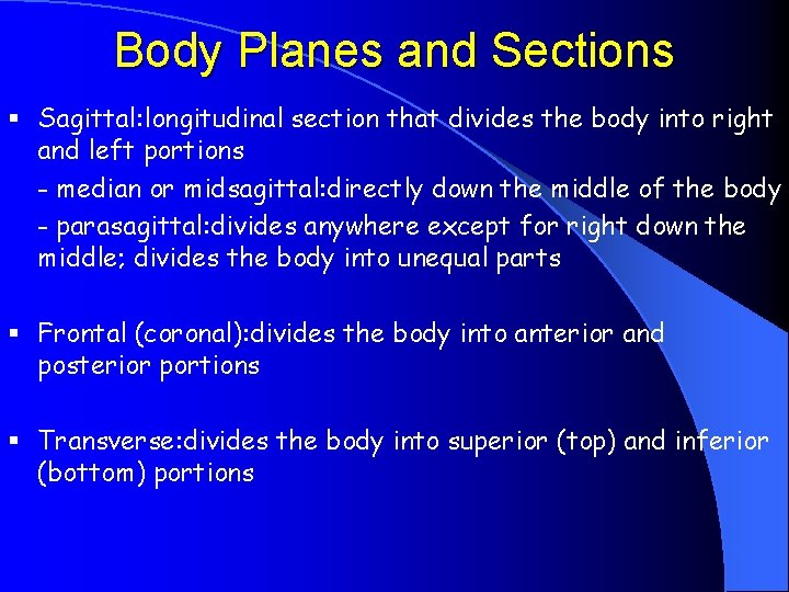 Body Planes and Sections § Sagittal: longitudinal section that divides the body into right