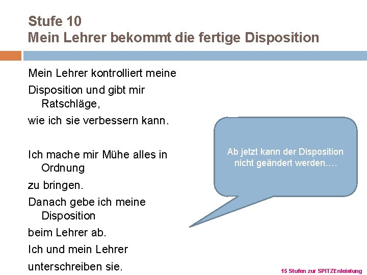 Stufe 10 Mein Lehrer bekommt die fertige Disposition Mein Lehrer kontrolliert meine Disposition und