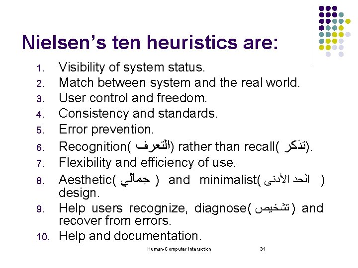 Nielsen’s ten heuristics are: 1. 2. 3. 4. 5. 6. 7. 8. 9. 10.