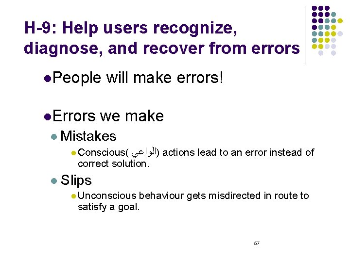 H-9: Help users recognize, diagnose, and recover from errors l. People l. Errors will