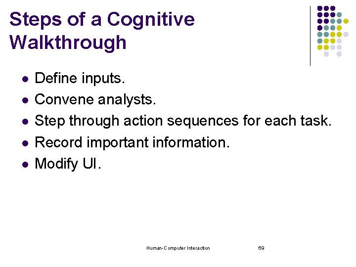 Steps of a Cognitive Walkthrough l l l Define inputs. Convene analysts. Step through