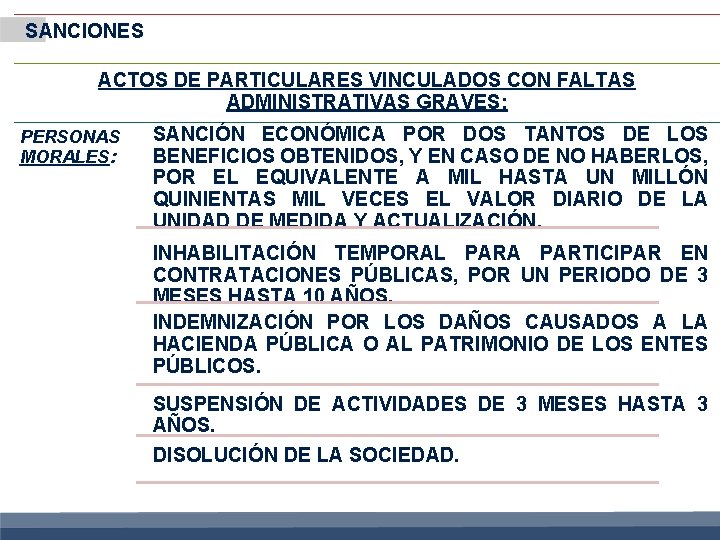 SANCIONES ACTOS DE PARTICULARES VINCULADOS CON FALTAS ADMINISTRATIVAS GRAVES: PERSONAS MORALES: SANCIÓN ECONÓMICA POR