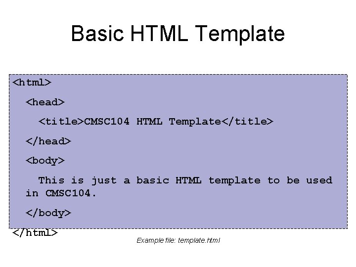 Basic HTML Template <html> <head> <title>CMSC 104 HTML Template</title> </head> <body> This is just