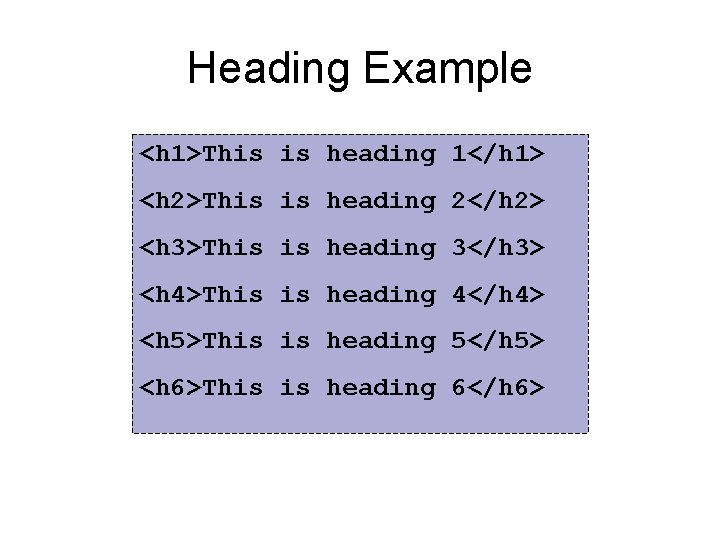 Heading Example <h 1>This is heading 1</h 1> <h 2>This is heading 2</h 2>