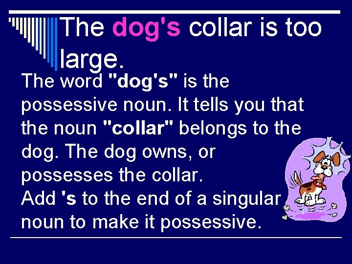 The dog's collar is too large. The word "dog's" is the possessive noun. It