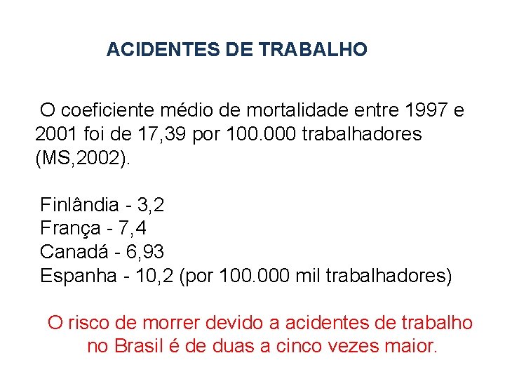 ACIDENTES DE TRABALHO O coeficiente médio de mortalidade entre 1997 e 2001 foi de