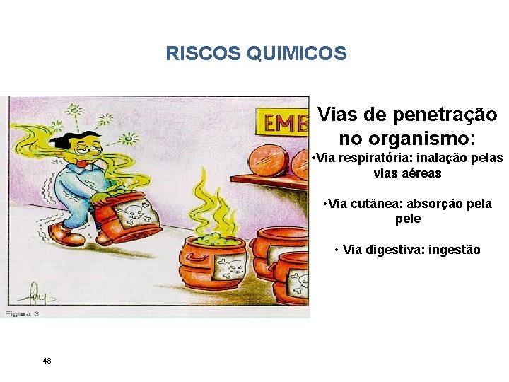 RISCOS QUIMICOS Vias de penetração no organismo: • Via respiratória: inalação pelas vias aéreas