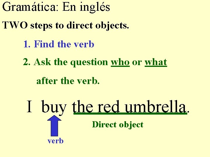 Gramática: En inglés TWO steps to direct objects. 1. Find the verb 2. Ask