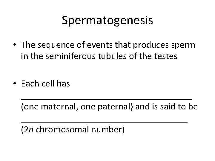 Spermatogenesis • The sequence of events that produces sperm in the seminiferous tubules of
