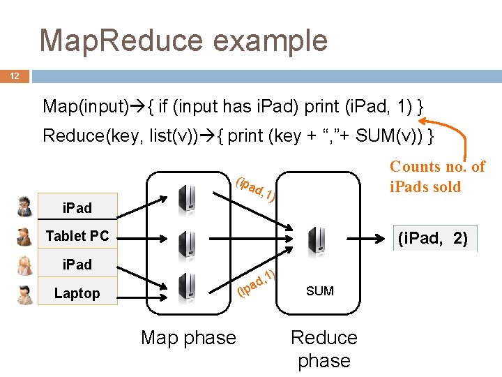 Map. Reduce example 12 Map(input) { if (input has i. Pad) print (i. Pad,