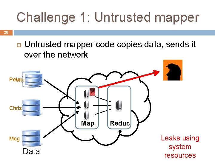 Challenge 1: Untrusted mapper 20 Untrusted mapper code copies data, sends it over the