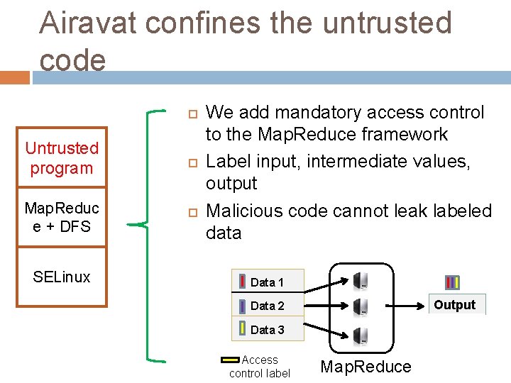 Airavat confines the untrusted code Untrusted program Map. Reduc e + DFS SELinux We