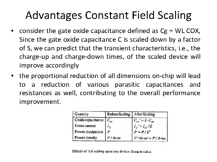 Advantages Constant Field Scaling • consider the gate oxide capacitance defined as Cg =